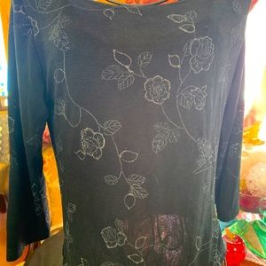 Embellished black 3/4 sleeve knit top .